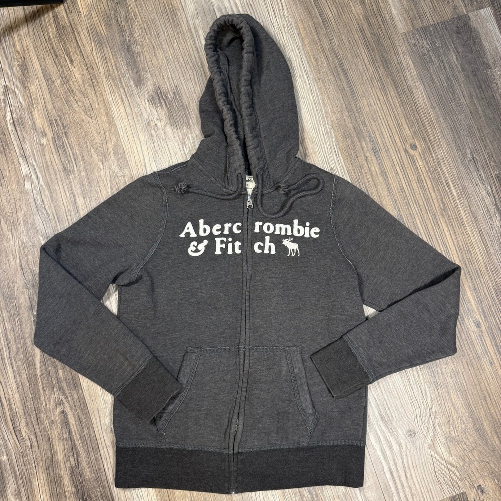 Abercrombie & Fitch Full Zip Hoodie Charcoal Grey Logo Sweatshirt Y2K Inspired M